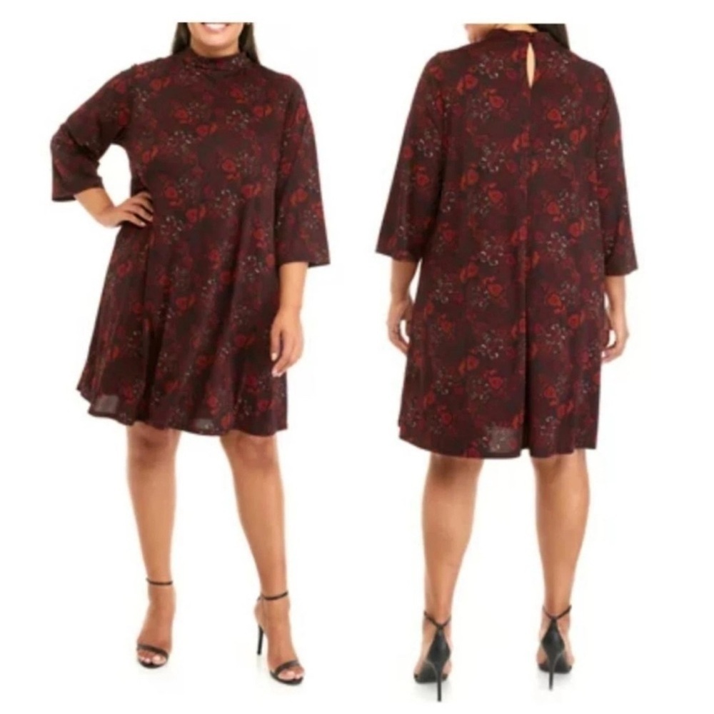 Robbie Bee Mock Neck Paisley Print A-Line Midi Dress Wine Mustard Size XL Office
